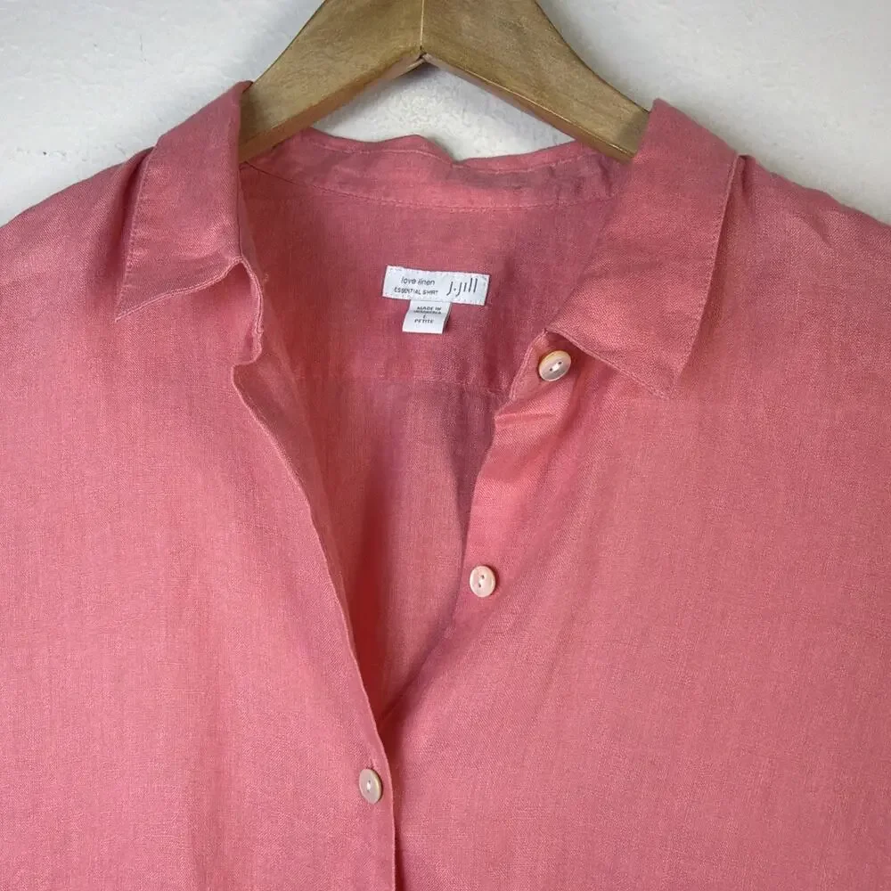 J Jill Linen Top Womens large Petite Casual Button Front Shirt Blouse Salmon - Picture 5 of 11